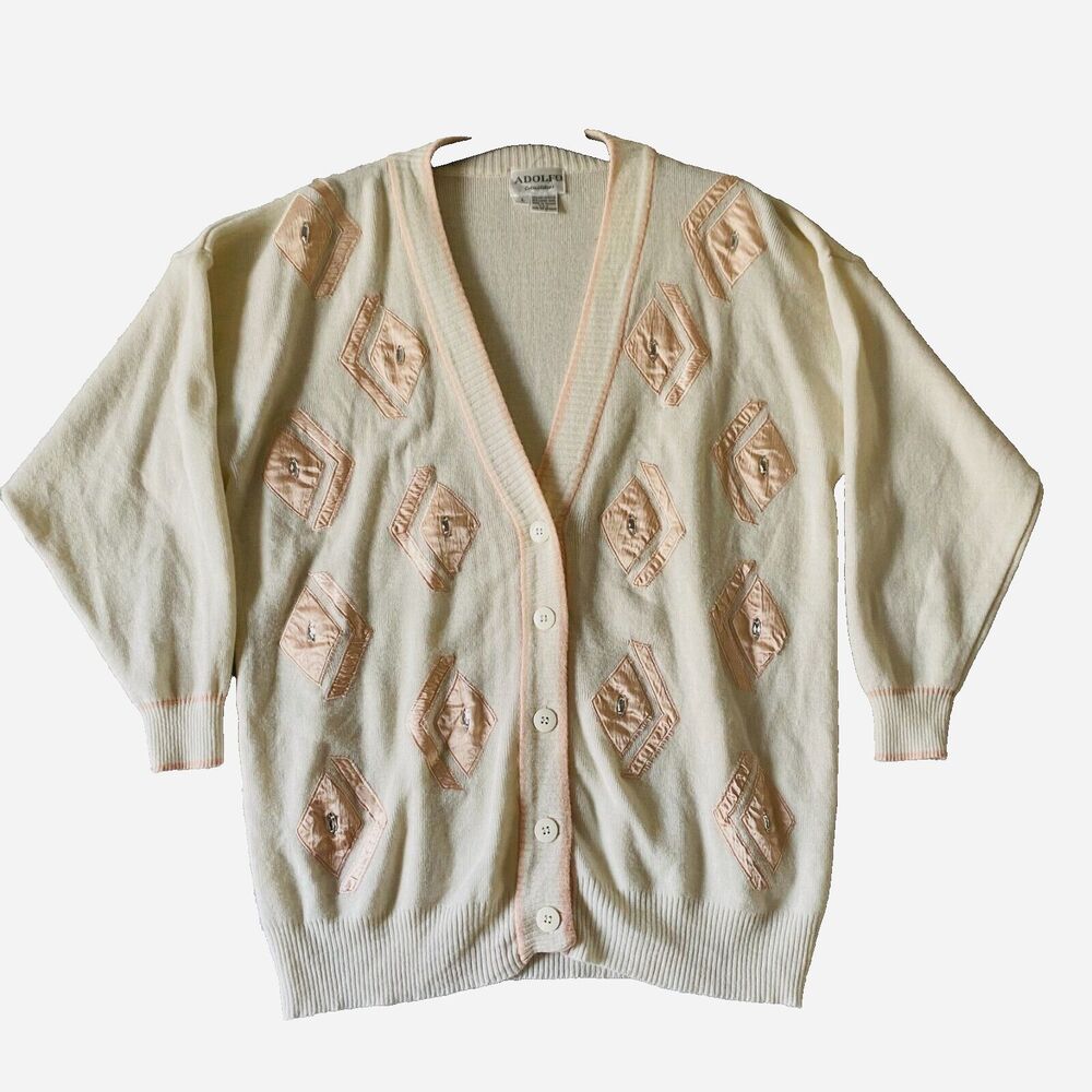 Vintage‎ ADOLFO Collectibles Cardigan Sweater Large Ivory Pink Lambs Wool Blend